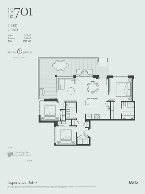 Floor plan for 3 beds, 2 baths, 1126 sqft