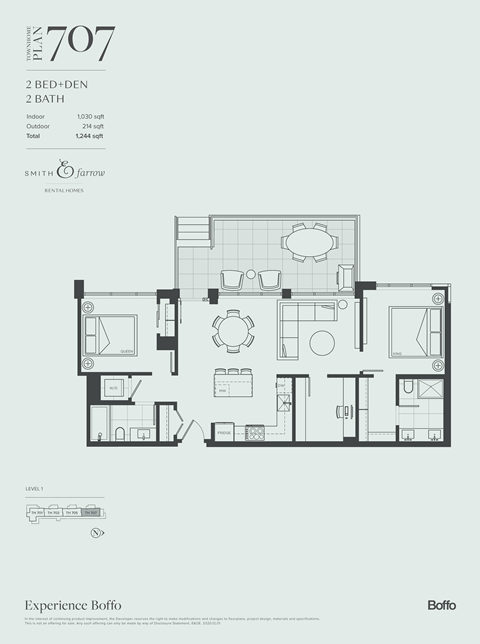 Floor plan for 2 beds, 2 baths, 1030 sqft