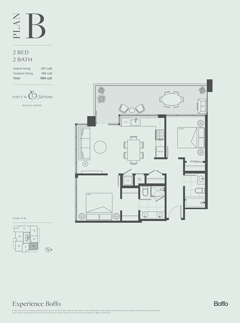 Floor plan for 2 beds, 2 baths, 801 sqft