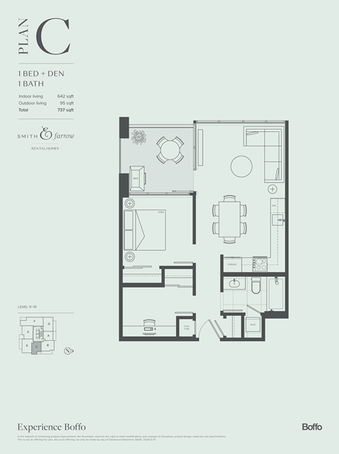 Floor plan for 1 bed, 1 bath, 642 sqft