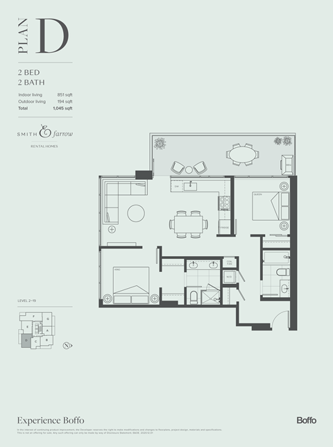 Floor plan for 2 beds, 2 baths, 851 sqft