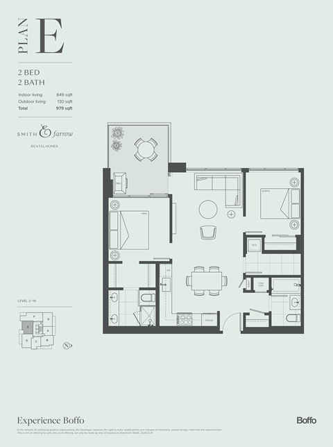 Floor plan for 2 beds, 2 baths, 849 sqft