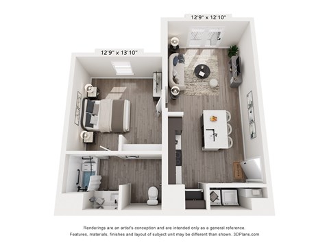 Floor plan for 1 bed, 1 bath, 624 sqft