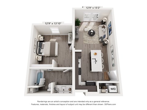 Floor plan for 1 bed, 1 bath, 626 sqft