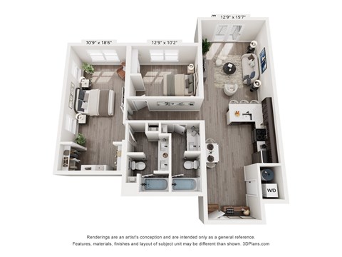 Floor plan for 2 beds, 2 baths, 1081 sqft