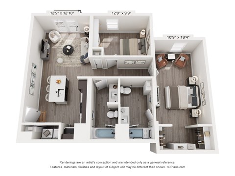 Floor plan for 2 beds, 2 baths, 973 sqft