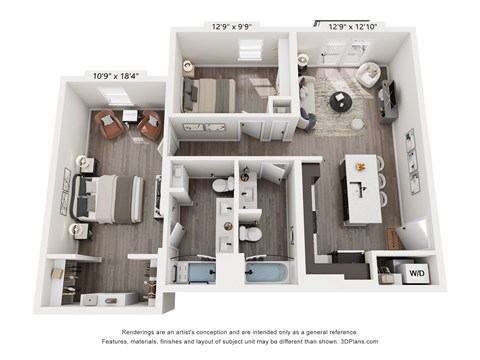 Floor plan for 2 beds, 2 baths, 979 sqft
