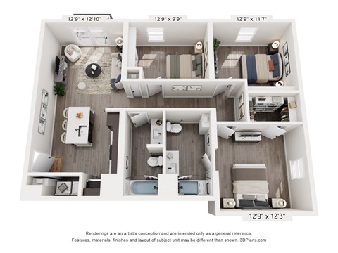 Floor plan for 3 beds, 2 baths, 1105 sqft
