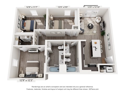 Floor plan for 3 beds, 2 baths, 1109 sqft