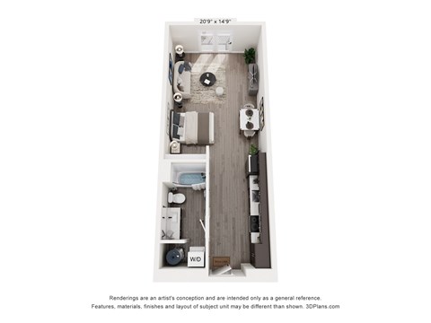 Floor plan for studio, 1 bath, 568 sqft
