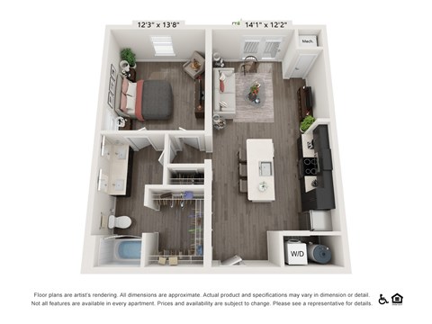 Floor plan for 1 bed, 1 bath, 626 sqft