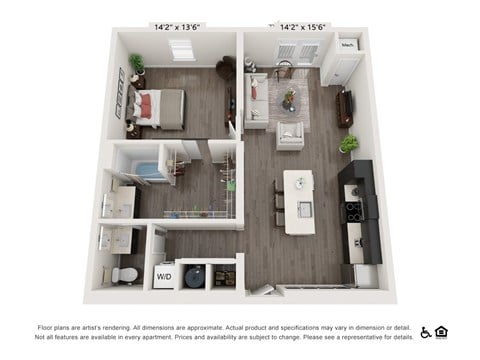 Floor plan for 1 bed, 1 bath, 853 sqft