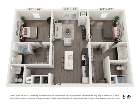 Floor plan for 2 beds, 2 baths, 1288 sqft