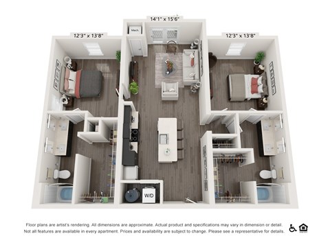 Floor plan for 2 beds, 2 baths, 979 sqft