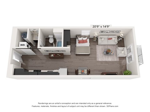 Floor plan for studio, 1 bath, 568 sqft