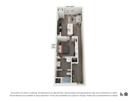 Floor plan for studio, 1 bath, 691 sqft