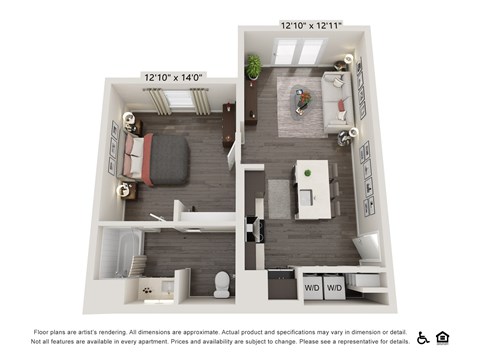 Floor plan for 1 bed, 1 bath, 624 sqft
