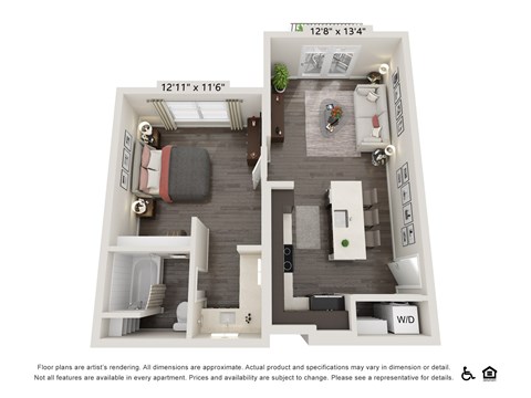 Floor plan for 1 bed, 1 bath, 626 sqft