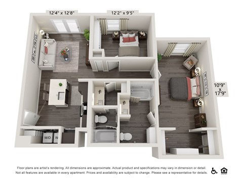 Floor plan for 2 beds, 2 baths, 973 sqft