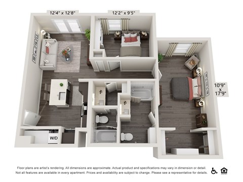 Floor plan for 2 beds, 2 baths, 979 sqft