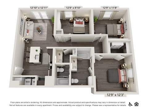 Floor plan for 3 beds, 2 baths, 1105 sqft