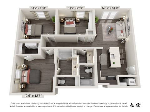 Floor plan for 3 beds, 2 baths, 1109 sqft