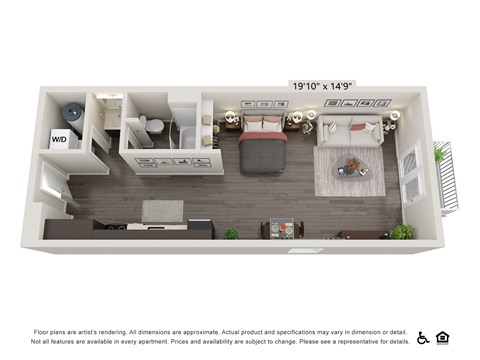 Floor plan for studio, 1 bath, 568 sqft