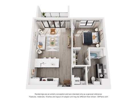 Floor plan for 1 bed, 1 bath, 732 sqft