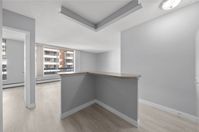 Calgary apartment for rent - A spacious room with a grey wall and a wooden counter.