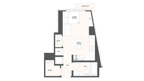 Floor plan for studio, 1 bath, 401 sqft