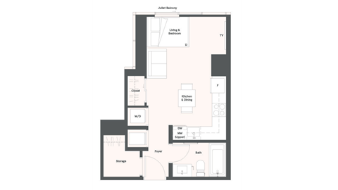 Floor plan for studio, 1 bath, 388 sqft