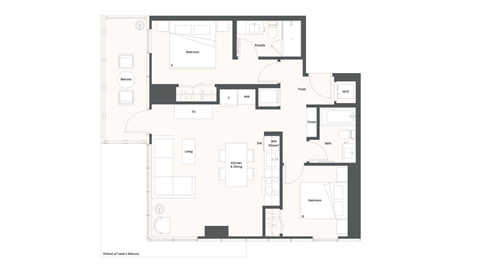 Floor plan for 2 beds, 2 baths, 838 sqft