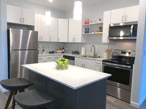 Swanzey apartment for rent - A kitchen with a white countertop and a bowl of green apples on it.
