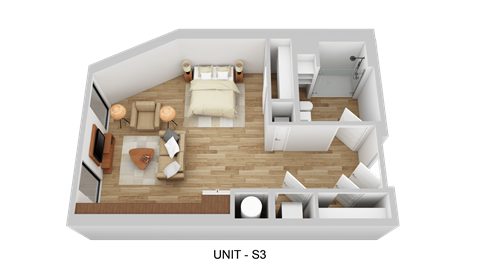 Floor plan for studio, 605 sqft