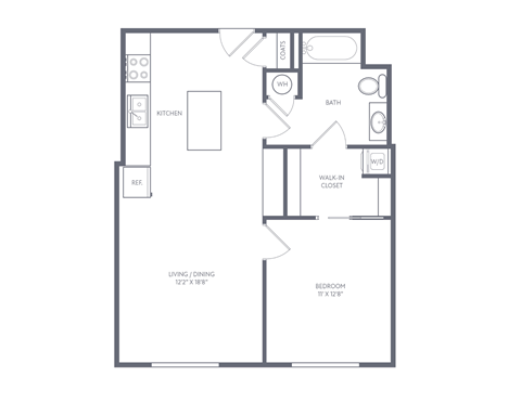 Floor plan for 1 bed, 1 bath, 711 sqft