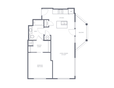 Floor plan for 1 bed, 1 bath, 761 sqft