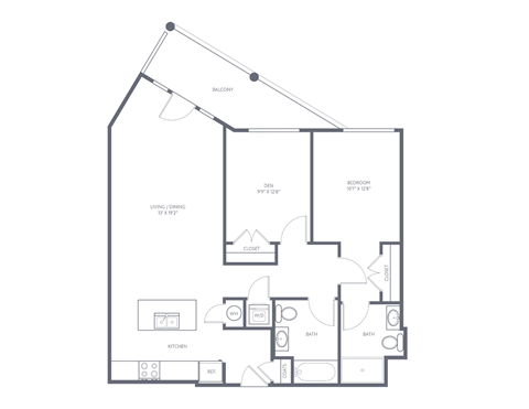 Floor plan for 2 beds, 2 baths, 1022 sqft