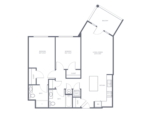 Floor plan for 2 beds, 2 baths, 1044 sqft