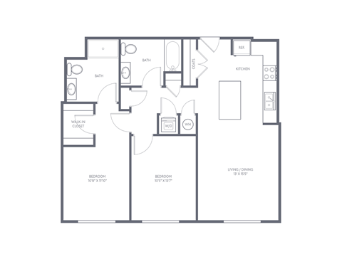 Floor plan for 2 beds, 2 baths, 1000 sqft