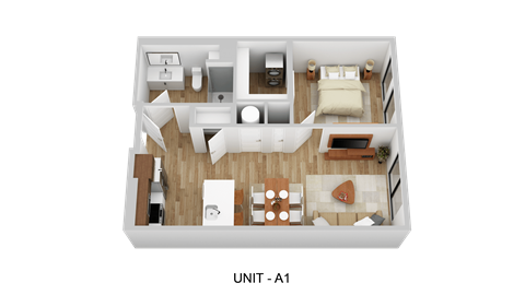 Floor plan for 1 bed, 1 bath, 738 sqft