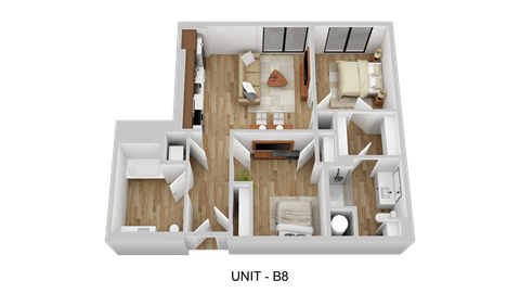 Floor plan for 2 beds, 2 baths, 940 sqft