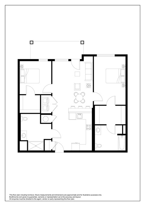 Floor plan for 2 beds, 2 baths, 1077 sqft