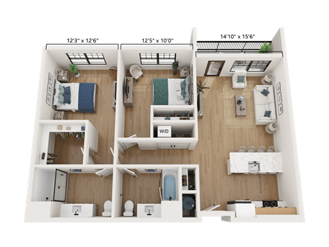 Floor plan for 2 beds, 2 baths, 1059 sqft
