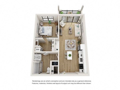 Floor plan for 1 bed, 1 bath, 607 sqft