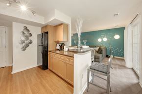 Columbia apartment for rent - A kitchen with a black refrigerator and wooden cabinets.