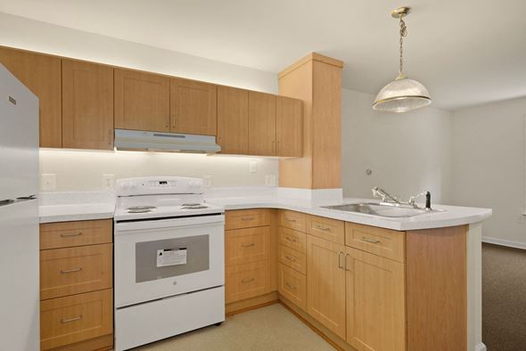 Alexandria apartment for rent - A kitchen with wooden cabinets and a white countertop.
