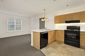 Alexandria apartment for rent - A kitchen with black appliances and wooden cabinets.