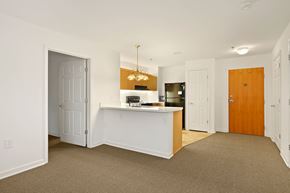 Alexandria apartment for rent - A white reception desk with a mirror above it in a room with white walls.