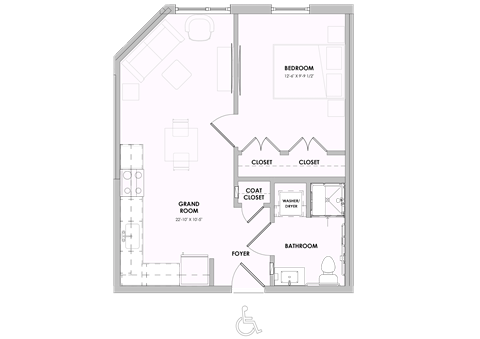 Floor plan for 1 bed, 1 bath, 630 sqft