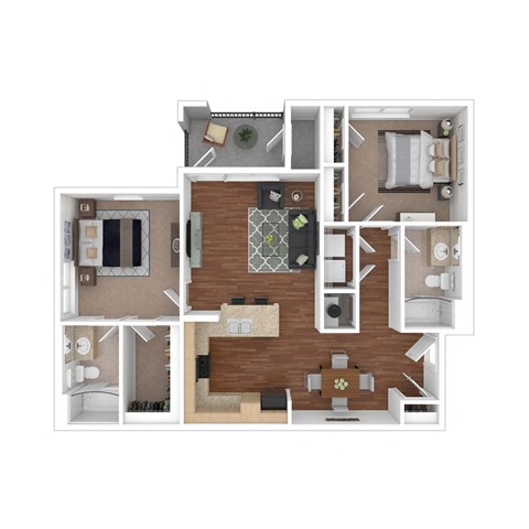 Floor plan for 2 beds, 2 baths, 1037 sqft